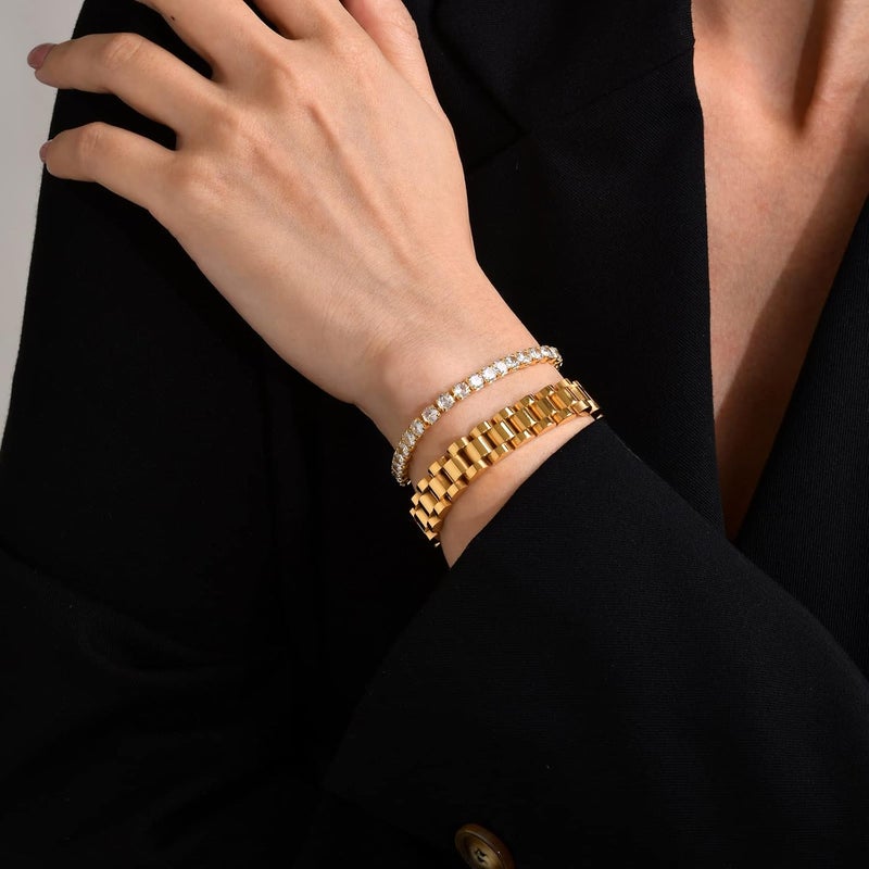 MPRAINBOW 2pcs 18K Gold Plated Chain Link Bracelet, Stainless Steel Crystal Friendship Bracelets Bangle,Watch Band Chains Wristband Jewelry with Adjust Tool - Image 4